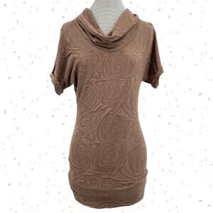 Brown Rose Floral Textured Top Short Sleeve Blouse Stretchy Officewear Size M